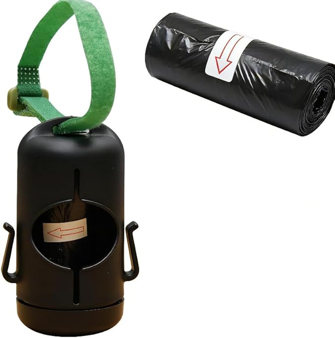 Cylindrical Dog Poop Bag Dispenser with Carrying Strap, Poop Bag Holder for Leash with Side Hooks, Pet Waste Management Solution with Biodegradable Bags (Black)