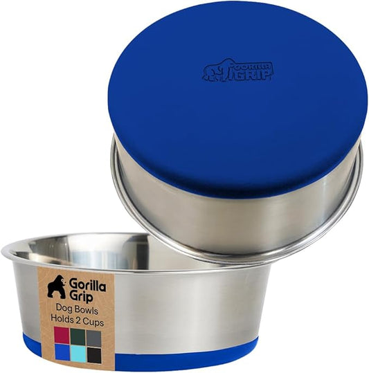 GORILLA GRIP Dog Bowls, Heavy Duty 304 Stainless Steel, Holds 2 Cups Each (16 fl oz) Food and Water Bowl for Feeding Dogs and Cats, Dishwasher Safe, Rust Resistant, BPA Free Rubber Base Set of 2 Blue