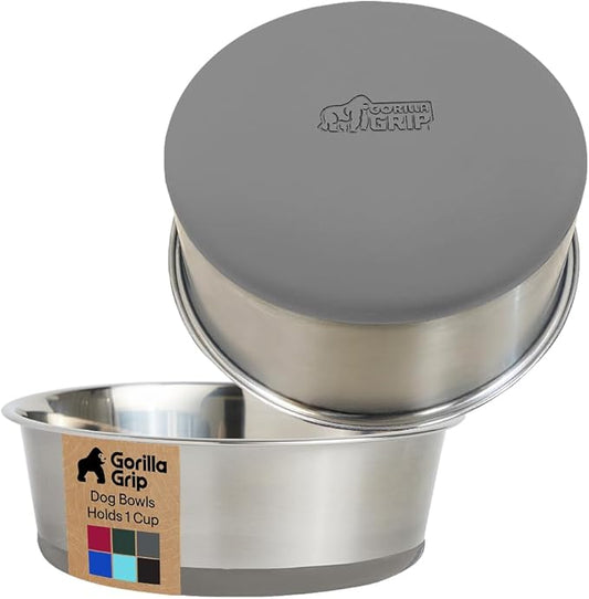 GORILLA GRIP Dog Bowls, Heavy Duty 304 Stainless Steel, Holds 1 Cup Each (8 fl oz) Food and Water Bowl for Feeding Dogs and Cats, Dishwasher Safe, Rust Resistant, BPA Free Rubber Base Set of 2 Gray