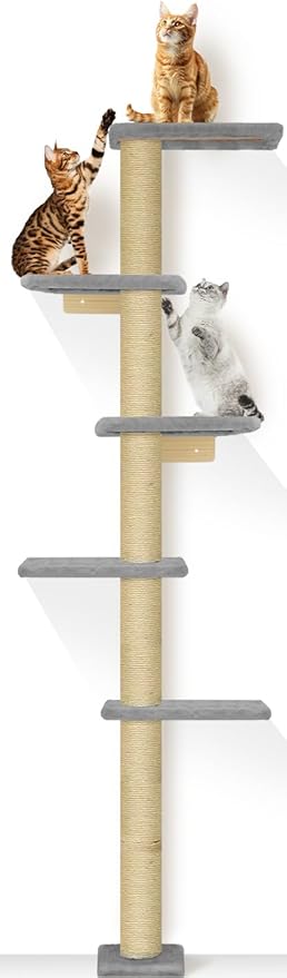 PAWSCRAT Cat Wall Shelves, Wall-Mounted Cat Tree, 5 Tier Floor to Ceiling Cats Tower, 80 Inch Wall-Mounted Cat Scratching Post, Space Saving Cat Furniture and Easliy Climb for All Cats, Gery