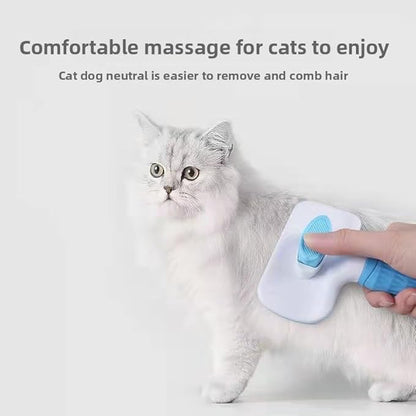 Pet hair grooming square brush with Massage Particles, Self Cleaning Dematting Comb Dogs and Cats, Easy to Use, Ergonomic Handle Design (Blue)
