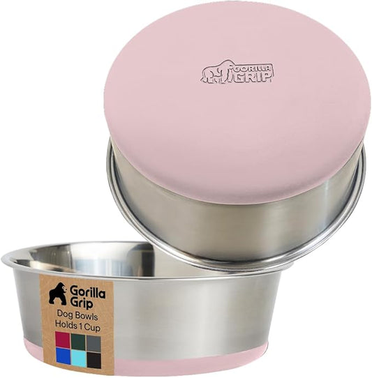 GORILLA GRIP Dog Bowls, Heavy Duty 304 Stainless Steel, Holds 1 Cup Each (8 fl oz) Food and Water Bowl for Feeding Dogs and Cats, Dishwasher Safe, Rust Resistant, BPA Free Rubber Base Set of 2 Pink