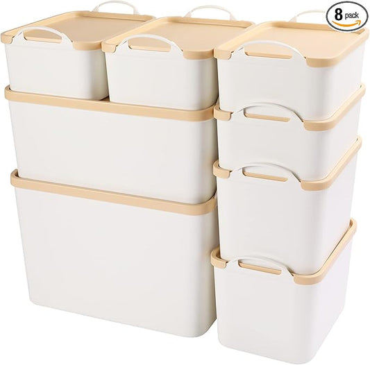 ANMINY 8PCS All-in-One Lidded Plastic Storage Bins Set White Desk Basket Box Drawer Organizer Kitchen Food Container with Handles Removable Lids Decorative Clothes Laundry Closet Cabinet Shelf Cube