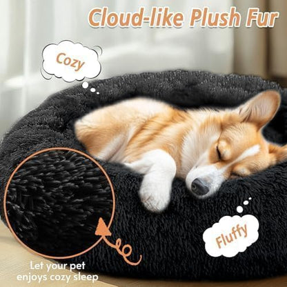 JOLLYVOGUE Calming Dog Beds Large Sized Dog, 36in Donut Washable Large Pet Bed, Anti-Slip & Anti-Anxiety Fluffy Faux Fur Round Dogs Bed, Fits up to 80 lbs Pets (Black)