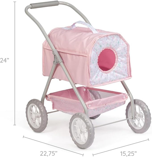 JC Toys - Berenguer Boutique | Deluxe Folding Pet Stroller | Pink Floral Collection | Removable Pet Carrier for Dolls and Plush | Ages 3+