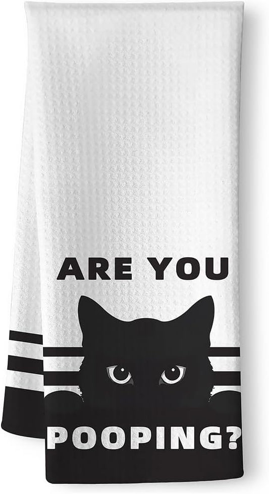 Humorous Bathroom Hand Towel with Playful Feline Art - Quirky Black Cat Decor & Funny 'Are You Pooping' Inspired Design, Decorative Bath Towel for Cat Lovers, Unique Gifts for Women Who Love Cats