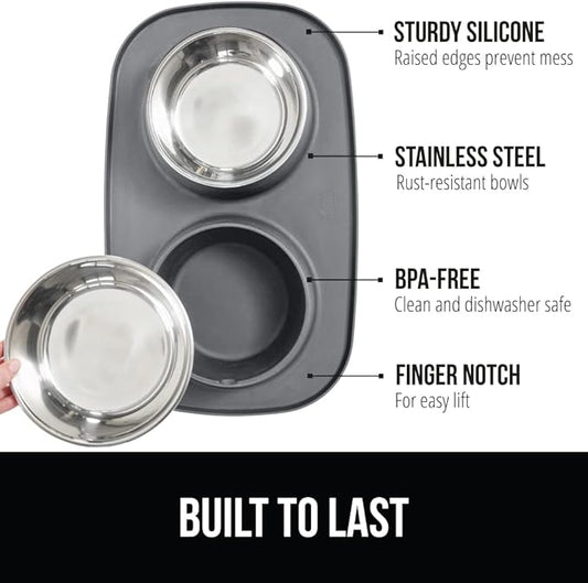 GORILLA GRIP Feeding Mat Bowl Set, 100% Waterproof BPA Free Silicone Base, 304 Stainless Steel Cat and Dog Bowls for Food and Water, Slip Resistant, High Edge, US Designed, Patent Pending, 1 Cup Gray