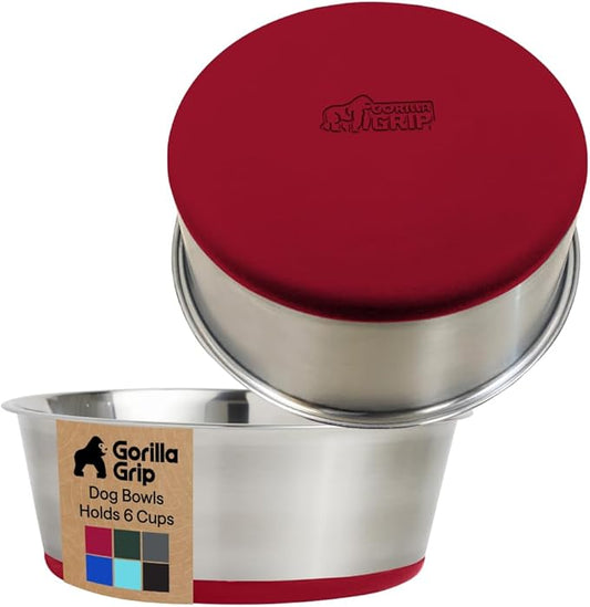 GORILLA GRIP Dog Bowls, Heavy Duty 304 Stainless Steel, Holds 6 Cups Each (48 fl oz) Food and Water Bowl for Feeding Dogs and Cats, Dishwasher Safe, Rust Resistant, BPA Free Rubber Base Set of 2 Red