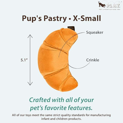 P.L.A.Y. Cute Plush Dog Toys - Brunch Food Themed Durable Squeaker Chew Toy, Great for Puppies & Small, Medium, Large Dogs - Machine Washable, Recycled Materials (Pup's Pastry Croissant, X-Small)
