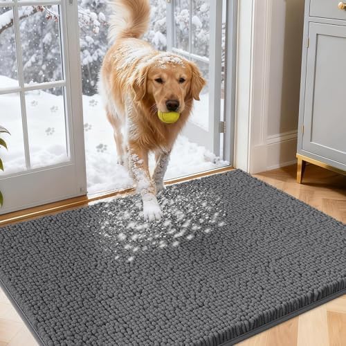 IM HOME Dog Door Mats for Muddy Paws, 30" X 20" Chenille Absorbent Doormat, Non Slip Heavy Dog Rugs for Muddy Paws, Soft Indoor Door Mat for Entryway, Mud Paw, Inside Floor, Grey