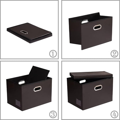 PRANDOM Large Foldable Storage Bins with Lids [3-Pack] Leather Fabric Collapsible Storage Boxes Organizer Containers Baskets Cube with Cover for Home Bedroom Closet Office Brown(17.7x11.8x11.8)