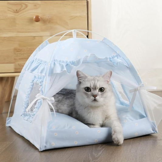 Selena Cat Bed Tents Dog House Indoor Outdoor Lace Mesh Breathable Windows Door Curtains Removable Portable Nest Teepe House (Medium,Blue)