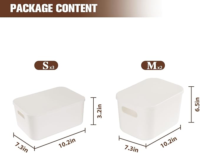 ANMINY 5PCS Plastic Storage Bins Containers with Lids, Large Storage Organization Bins Boxes, Lidded Plastic Storage Baskets for Closet Shelves Desktop, White Lids, 2M + 3S