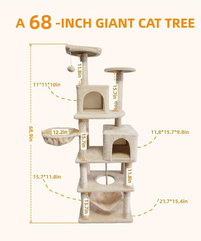 Cat Tree, 68-Inch Cat Tower for Indoor Cats, Plush Multi-Level Cat Condo with 7 Scratching Posts, 2 Perches, 2 Caves, Hammock (Beige)