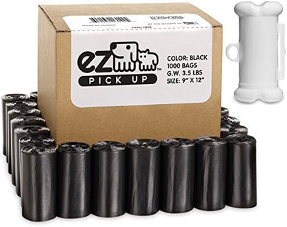 EZ 1000 Pet Waste Bags Disposal, with Dispenser, Dog Poop Pick Up Bag, Black Color, Large Size 9"x12"