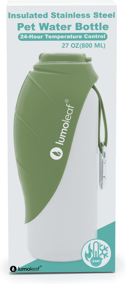 LumoLeaf Insulated Dog Water Bottle 27 oz Stainless Steel - Keep Water Cool or Warm, Portable Pet Water Bowl for Travel, Wide Mouth for Easy Ice Filling & Cleaning (Green, 27 oz)