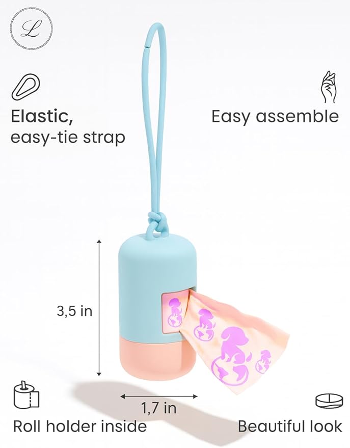 Dog Poop Bag Holder [2-Pack] | With 30 Extra-thick Dog Bags for Poop | Waste Bag Dispenser with Premium Soft-Touch Coating | Enlarged Dispense Opening, Stylish Color-Block Design (Blush Sky)