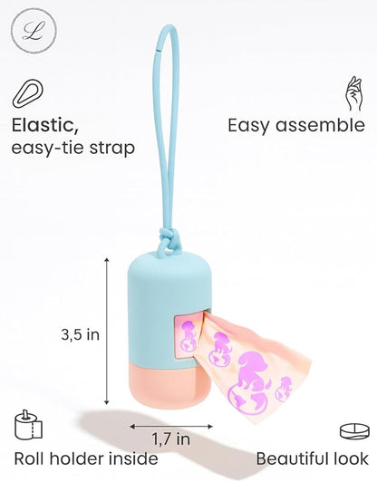 Dog Poop Bag Holder [2-Pack] | With 30 Extra-thick Dog Bags for Poop | Waste Bag Dispenser with Premium Soft-Touch Coating | Enlarged Dispense Opening, Stylish Color-Block Design (Blush Sky)