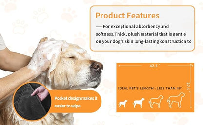 Super Absorbent Microfiber Dog Towels - Soft Pet Grooming Towel for Drying & Bathing Large, Medium or Small Dogs - 42.5" x 27.5" Perfect for Pet Shower & Pet Supplies! Grey