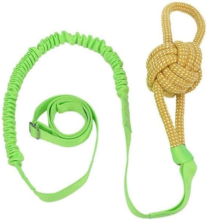 Dog Bungee Tug Toy, Hanging Tether Tug of War for Various of Dogs to Exercie and Play, Outdoor Retractable Dog Rope with Cotton Chew Toy (Green Strap)