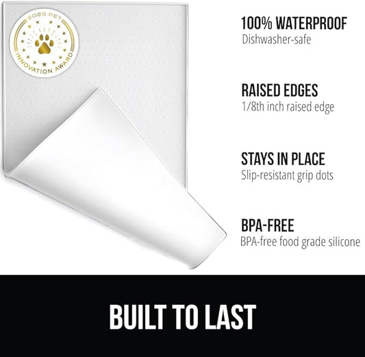 GORILLA GRIP 100% Waterproof Raised Edge BPA Free Silicone Pet Feeding Mat, Dog Cat Food Mats Contain Spills Protects Floors, Placemats for Cats and Dogs Water Bowl, Pets Accessories 18.5x11.5 White