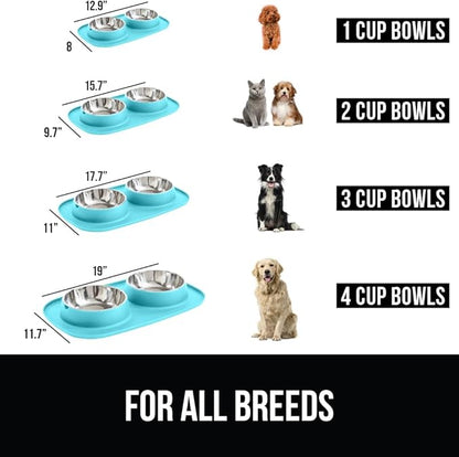 GORILLA GRIP Feeding Mat Bowl Set, 100% Waterproof BPA Free Silicone, 304 Stainless Steel Cat and Dog Bowls for Food and Water, Slip Resistant, High Edge, US Designed, Patent Pending, 2 Cup Turquoise