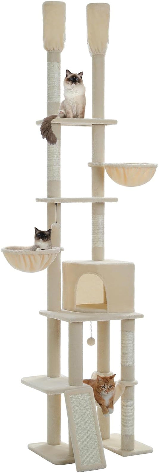Floor to Ceiling Cat Tree Height (85-112 Inches) Adjustable, Tall Cat Tower 7 Tiers Activity Climbing Tower, Large Cat Tree with Cozy Hammocks, 5 Platforms and Scratching Posts for Indoor Cats-Beige