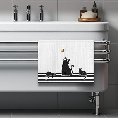 Cat Kitchen Towels - Quick-Dry Black Feline Gathering Art with Butterfly Watcher, Decorative Hand Towel for Humorous Pet Moms | Kitchen Dish & Bathroom Towels Decorative, Crazy Cat Lady Gifts