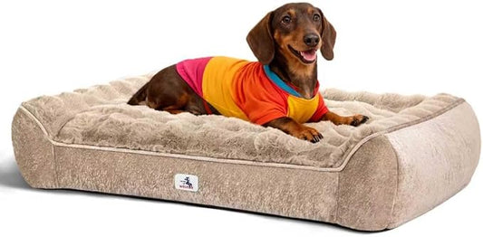 42” Dog Bed with Shredded Foam Filling, Calming Pet Sofa with Removable Washable Cover, Soft Faux Fur Bolster Couch for Dogs, Anti-Slip Bottom