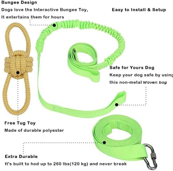 Dog Bungee Tug Toy, Hanging Tether Tug of War for Various of Dogs to Exercie and Play, Outdoor Retractable Dog Rope with Cotton Chew Toy (Green Strap)