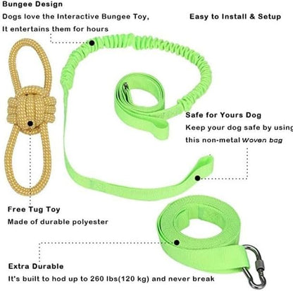 Dog Bungee Tug Toy, Hanging Tether Tug of War for Various of Dogs to Exercie and Play, Outdoor Retractable Dog Rope with Cotton Chew Toy (Green Strap)