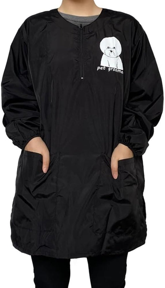 Dog Grooming Smock for Men Women, Anti-Static Smock for Pet Shop Dog Cat Grooming, Long Sleeves, Water Resistant, (Black with Print Bichon L)