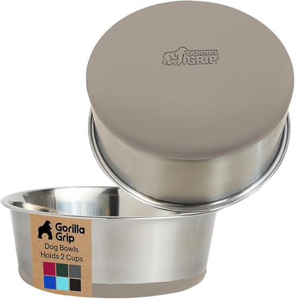 GORILLA GRIP Dog Bowls, Heavy Duty 304 Stainless Steel, Holds 2 Cups Each (16 fl oz) Food and Water Bowl for Feeding Dogs and Cats, Dishwasher Safe, Rust Resistant, BPA Free Rubber Base Set of 2 Beige
