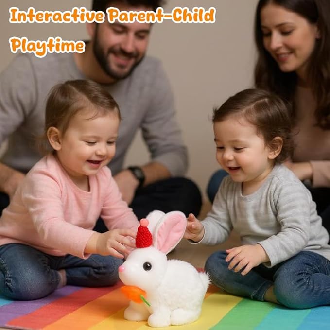 Easfan Bunny Plush Jumping Spotted White Rabbit with Hat Hopping Ears Nose Moving Educational Plush Toy Singing Shaking Glowing Interactive Toy Electric for Toddlers Kids