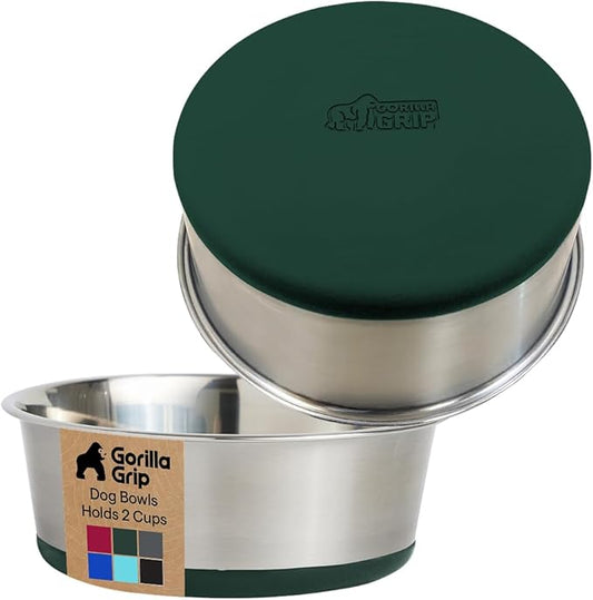 GORILLA GRIP Dog Bowls, Heavy Duty 304 Stainless Steel, Holds 2 Cups Each (16 fl oz) Food and Water Bowl for Feeding Dogs and Cats, Dishwasher Safe, Rust Resistant, BPA Free Rubber Base Set of 2 Green