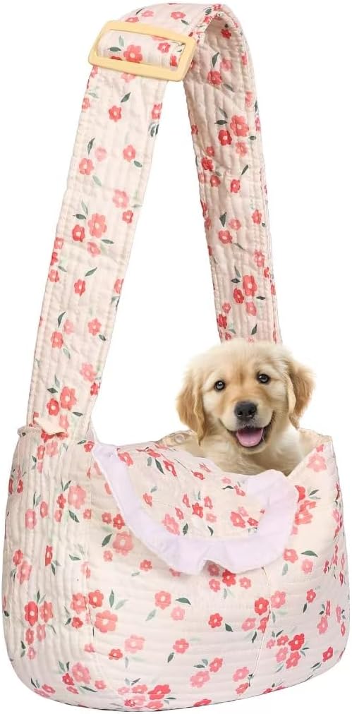 Floral Print Pet Carrier Bag for Small Dogs and Cats, 5-15 Lbs Pet Purse,Hands-Free Design Dog Purses(Red Floral, Small)