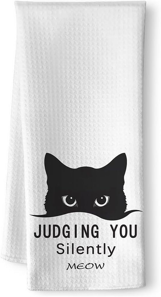 Silent Judgement Cat Kitchen Towels - Quick-Dry Whimsical Observer Feline Art Hand Cloth, Decorative Dish Towel with Observing Pet Design for Cat Ladies & Pet Moms | Amusing Home Accent & Novelty Gift