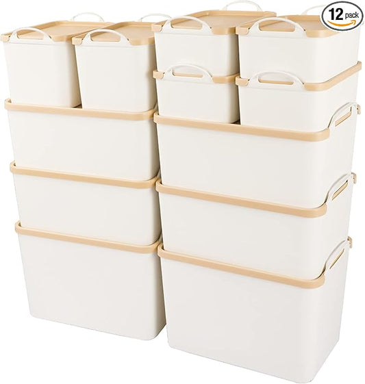 ANMINY 12PCS Plastic Storage Bins Containers with Lids, Large Storage Organization Bins Boxes, Lidded Plastic Storage Baskets for Closet Shelves Desktop, Wheat Lids, 2XL + 4L + 2M + 4S