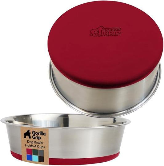 GORILLA GRIP Dog Bowls, Heavy Duty 304 Stainless Steel, Holds 4 Cups Each (32 fl oz) Food and Water Bowl for Feeding Dogs and Cats, Dishwasher Safe, Rust Resistant, BPA Free Rubber Base Set of 2 Red