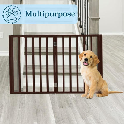 Pet Gate - 4-Panel Indoor Foldable Dog Fence for Stairs, Hallways or Doorways - 72x24-Inch Retractable Wood Freestanding Dog Gates by PETMAKER (Brown)
