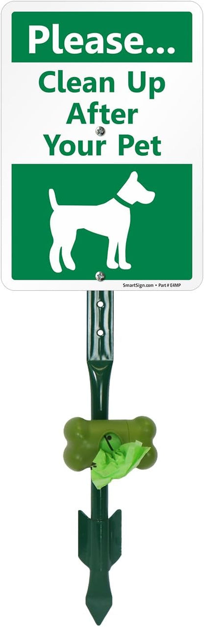 SmartSign Please Clean Up After Your Pet Yard Sign & Clip-On Dispenser Combo/Kit, 7"x10" Rust-proof Aluminum Sign with 18-inch Steel Stake, Compact Dispenser Preloaded with a 15 Dog Poop Bags Roll