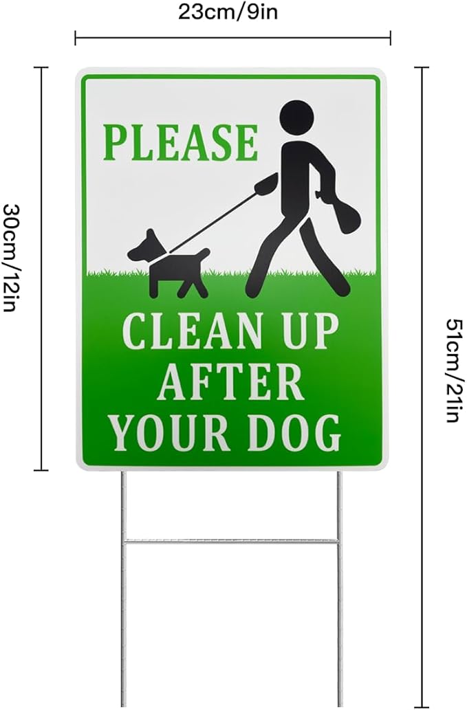 Clean Up After Your Dog Signs, 2 Pack 12"x9" with Metal H-Stakes No Poop Double Sided Pick Up After Your Dog Signs For Yard