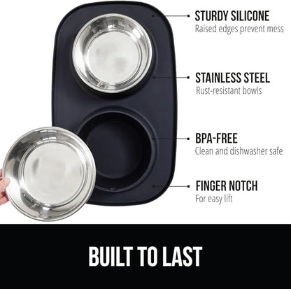 GORILLA GRIP Feeding Mat Bowl Set, 3 Cup 100% Waterproof BPA Free Silicone Base, 304 Stainless Steel Cat and Dog Bowls for Food and Water, Slip Resistant, High Edge, US Designed, Patent Pending, Black