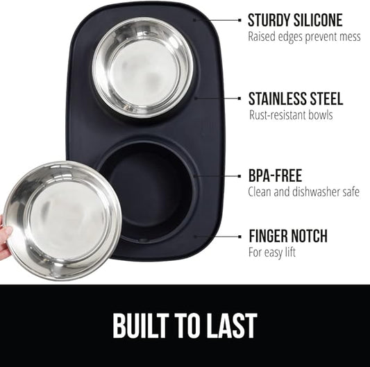 GORILLA GRIP Feeding Mat Bowl Set, 100% Waterproof BPA Free Silicone Base, 304 Stainless Steel Cat and Dog Bowls for Food and Water, Slip Resistant, High Edge, US Designed, Patent Pending, 2 Cup Black