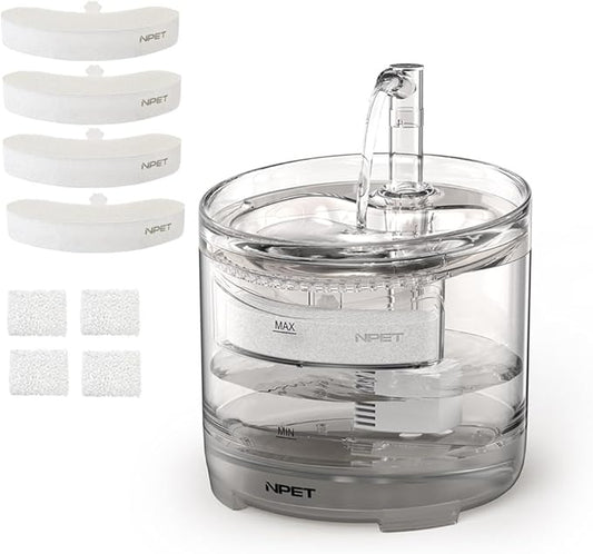 NPET Cat Water Fountain WF050TP 1.5L Automatic Pet Drinking Fountain with Replacement Faucet Kit - 4 Replacement Filters (No Adapter)