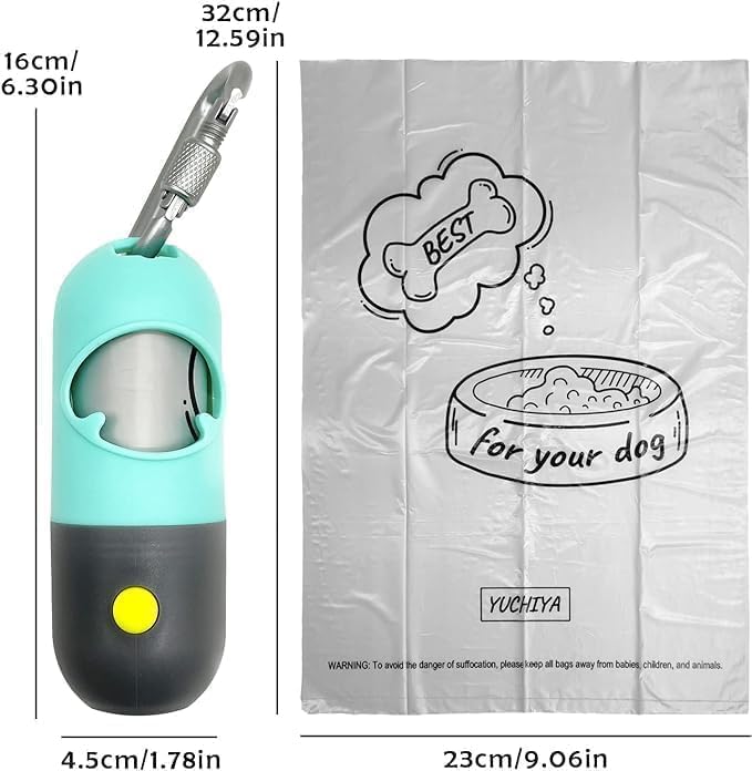 Dog Waste Bags Holder with LED Flashlight Doggie Poop Bags Dispenser with 13 Rolls Leak-Proof Pet Trash Bags Rechargable USB Cable (Mint Green)