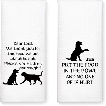 WUUCK00 2pcs Put The Food in The Bowl Funny Kitchen Towel, Cute Dog Mom Kitchen Decor Dish Tea Hand Towel, Housewarming Gifts for Pet Lover Dog Owners, Thanksgiving New Puppy Gifts for Family Friend