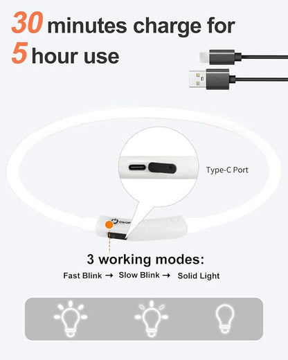 Joytale Light Up Dog Collar, Rechargeable Rainproof LED Collar for Night Walking Safety, Soft Silicone Glow in The Dark, Suitable for Small Medium Large Dogs, White