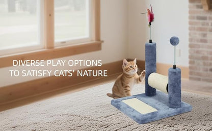 ROYPET Multifunctional Cat Scratching Posts for Indoor Kittens,Cat Scratching Pads for Play and Activity,Scratching Posts with Feather Toys and Spring Hanging Balls,Grey
