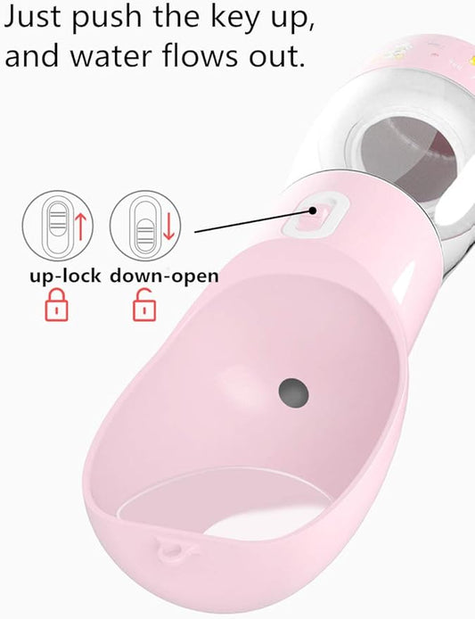 Portable Dog Water Bottle - Leak Proof Dog Water Dispenser with Bowl & Food Container, Dishwasher Safe Food Grade Plastic for Pet Puppy Outdoor Walking Hiking Travel Pink